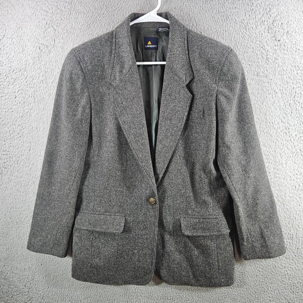 Lizsport Liz Claiborne Gray 100% Wool Blazer Jacket‎ Gold Crest Buttons Womens 6